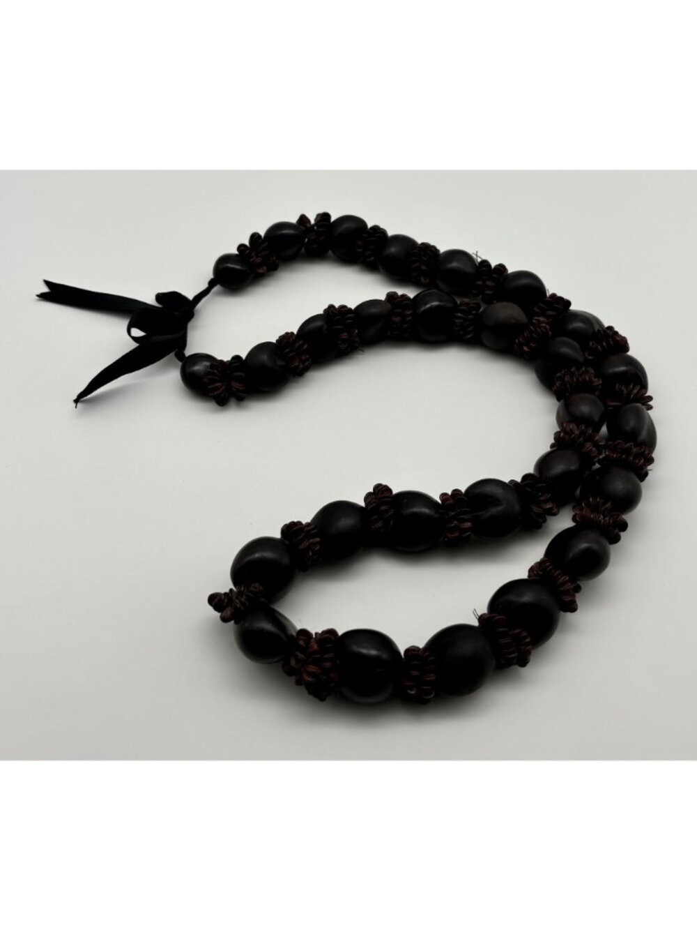 Vintage Hawaiian Lei Kukui Nut And Seeds Necklace With Ribbon Closure, Hand-Made - Picture 11 of 16